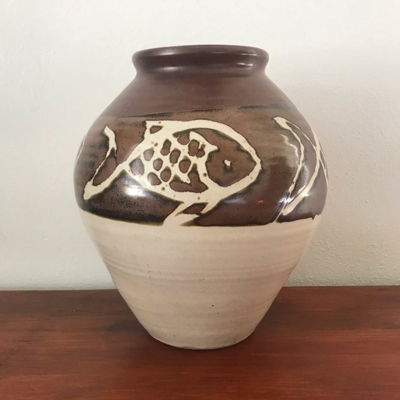 Vintage Japanese studio pottery ceramic wabi sabi fish vase - Picture 4 of 12